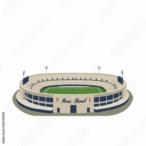 A detailed illustration of a large sports stadium, ready for an exciting match, with a green field and seats 