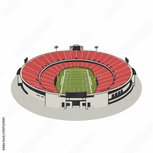 An illustration of a football stadium, showcasing a vibrant, detailed rendering of the architecture and layout of the field