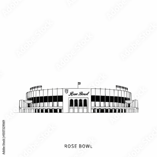 An architectural illustration of the Rose Bowl stadium, showcasing its distinctive design and features.