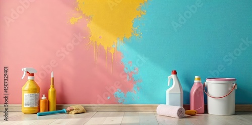 A paintbrush rests on a half-painted wall, surrounded by rollers, tins of paint, and cleaning supplies; a scene of home improvement and domestic chores merging , home, housework, supplies