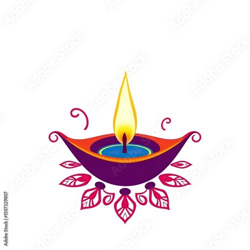 Vibrant illustration of traditional oil lamp with flame symbolizing light and celebration on white