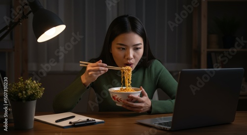 Wallpaper Mural Woman eating instant noodles while working late at night (1) Torontodigital.ca