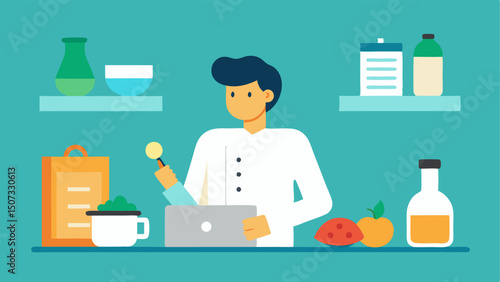 Meal Prep An illustration of a biohacker in a kitchen prepping meals using whole ingredients with a checklist of chemistryfriendly foods.