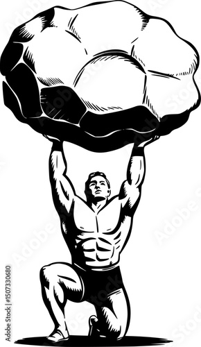 Vintage Strongman Lifting Massive Rock Hand-Drawn Ink Illustration with Bold Linework and Dynamic Energy – Retro Strength Symbolism Meets Psychedelic Kumbia Rebajada Style Vector Design