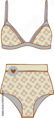retro floral bikini high-waisted swimsuit hand-drawn summer beachwear illustration