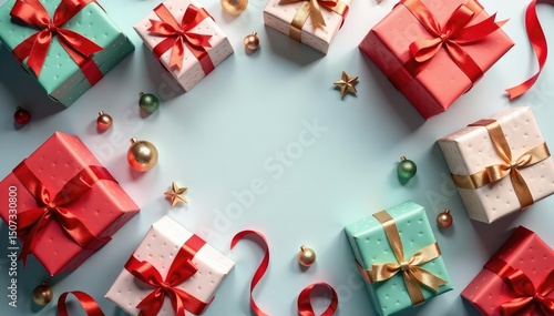 Elegant gift boxes, ribbons, bows, festive pattern, detail, design, surface