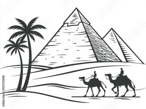 Egyptian landscape with pyramids camels and palm trees in black and white silhouette.
