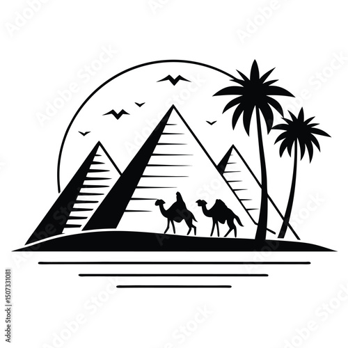 Black and white silhouette illustration of pyramids camels and palm trees.