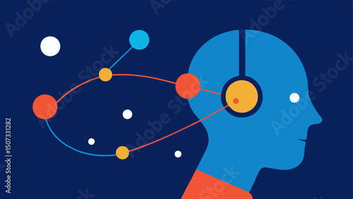 Interconnected Mind A profile view of a person with a headset with lines connecting the headset to bright spheres representing thoughts or ideas illustrating the concept of brain