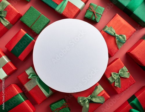 Top view of white round paper card on red and green gift boxes background. Christmas concept . Generated image