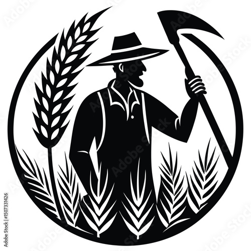Farmer harvesting wheat with scythe black and white vector illustration.