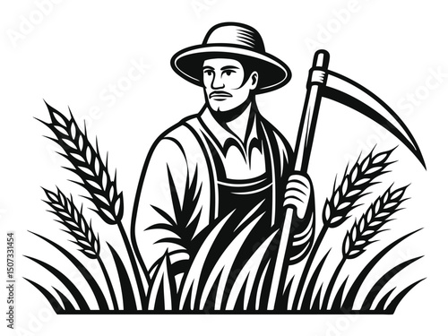Vintage farmer with scythe standing in wheat field black and white vector illustration.