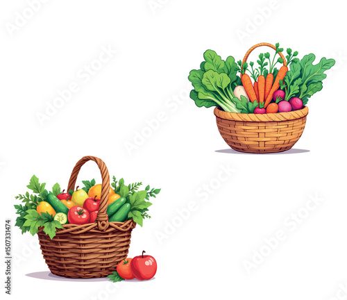 Vsai wicker baskets overflowing with fresh fruits and vegetables