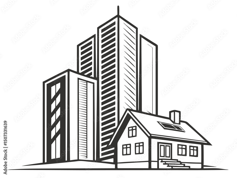 Obraz premium Skyscrapers And Houses Architectural Design Vector Illustration