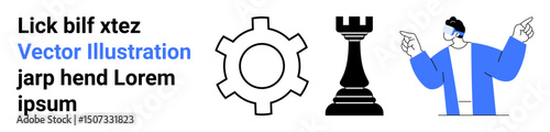Gear and chess rook symbolize ideas and strategy while a character with gesture hints at collaboration and innovation. Ideal for business, strategy, teamwork, creativity, leadership, education