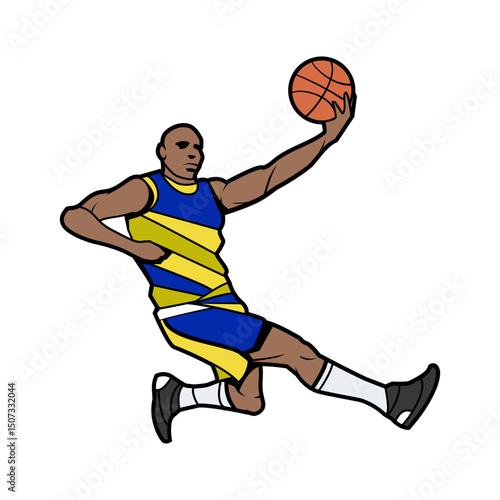 Dynamic Basketball Player in Mid-Jump with Ball