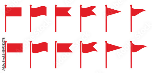 Set of red flag icons in various shape. Collection of red flags isolated on white background. Vector illustration of red flags in multiple shapes. Flat design.