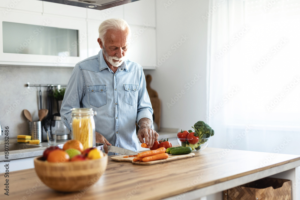 Salad and old man cooking food for a healthy dinner dish with fresh organic green vegetables and eggs. Senior, kitchen and hungry elderly person cutting ingredients for a lunch diet in a house. Salad and old man cooking food for a healthy dinner dish with fresh organic green vegetables and eggs. Senior, kitchen and hungry elderly person cutting ingredients for a lunch diet in a house.