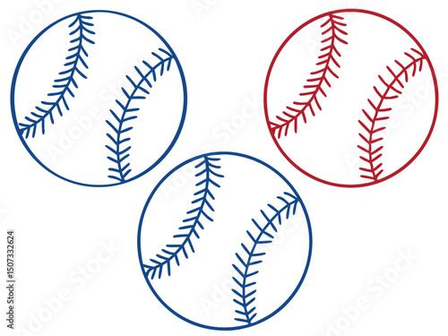 Three baseball balls in blue and red sports equipment illustration vector isolated.
