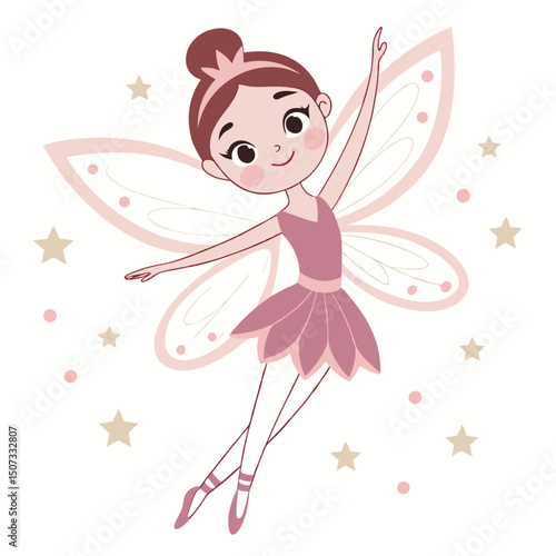 Cute cartoon ballerina fairy girl dancing among stars vector illustration.