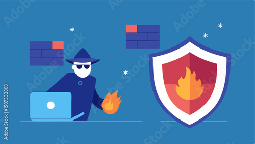 Firewall Barrier An illustration of a firewall blocking incoming attacks with a detective using a shield to protect information from cyber threats in the background.