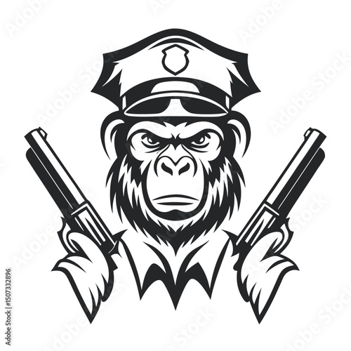 Gorilla Police: Vector Illustration of an Armed Ape in Uniform with Guns, for T-Shirt Design, Mascot, or Graphic Element.                             