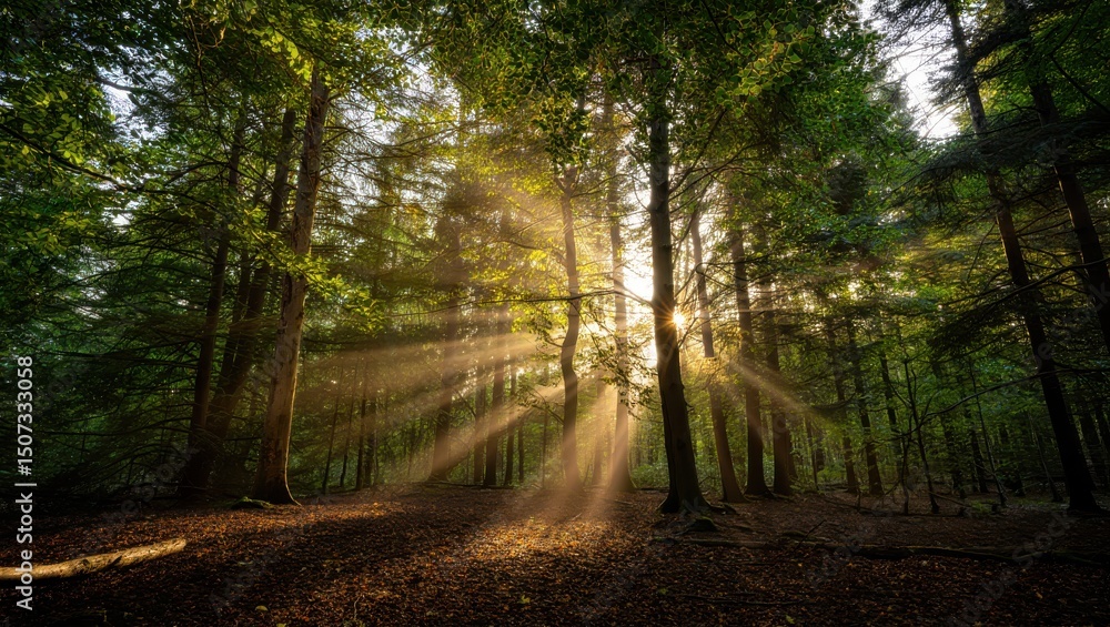 Naklejka premium Sunlight Piercing Through a Lush Forest Canopy