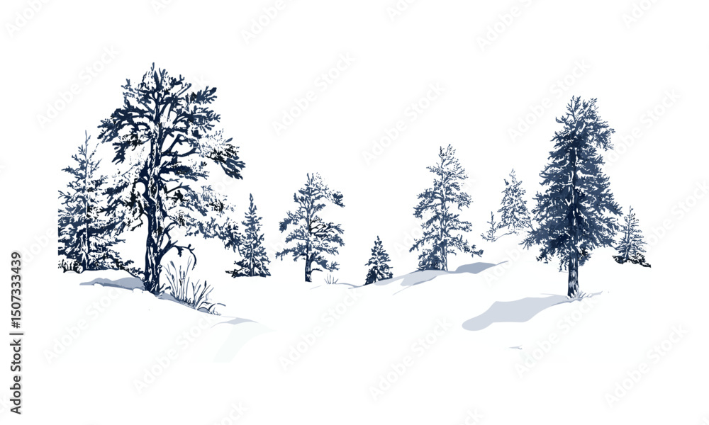 Fototapeta premium Alpine Frozen Cedar Tree Silhouettes, snowy terrain, icy tree silhouette, engraved evergreen forest, winter mountain landscape, cold weather art, vector illustration, christmas tree
