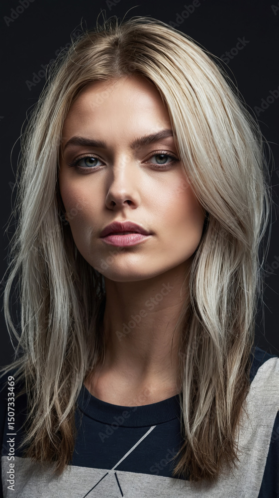 Naklejka premium Stylish long bob haircut with soft layers showcases modern women's fashion trends
