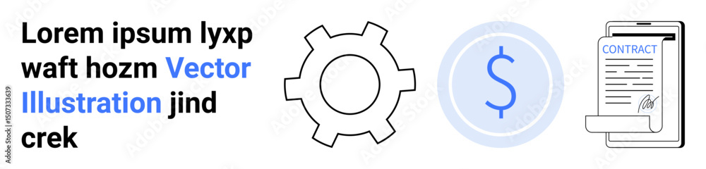 Gear, dollar symbol, and signed contract visually represent collaboration, economy, and documentation. Ideal for finance, productivity, business contracts, workflow strategy operations simple Gear, dollar symbol, and signed contract visually represent collaboration, economy, and documentation. Ideal for finance, productivity, business contracts, workflow strategy operations simple