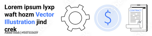 Gear, dollar symbol, and signed contract visually represent collaboration, economy, and documentation. Ideal for finance, productivity, business contracts, workflow strategy operations simple