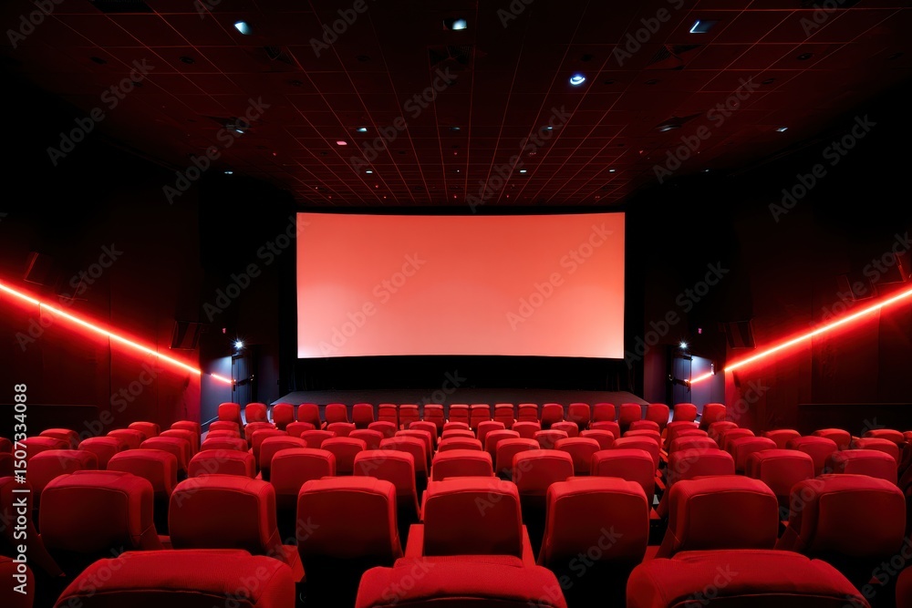Fototapeta premium Empty Movie Theater with Red Seats and Screen Ready for a Film Screening Experience