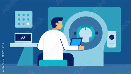 MRI Control Room A technician sits at a control panel observing a screen showing MRI images while adjusting settings with the MRI machine visible in the background.