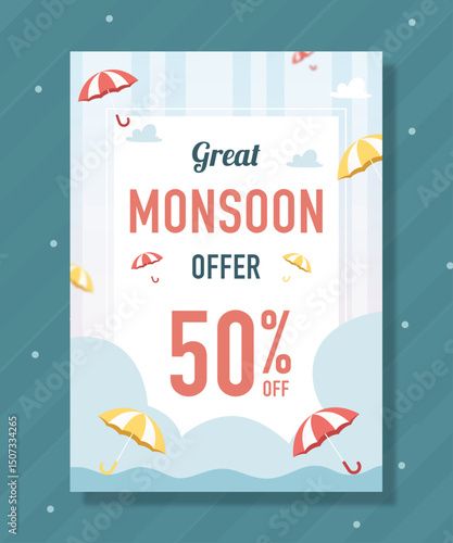 Lovely monsoon sale composition with  Discount, Cute umbrella for monsoon season sale, template, Text Space Background. Vector rainy season promotion
