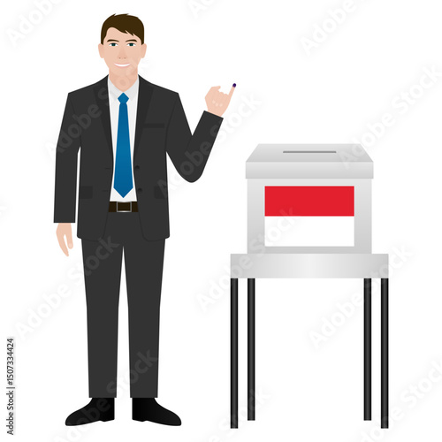 Man Show his Little Finger with Purple Ink. Election in Indonesia. Election Concept. Vector Illustration.