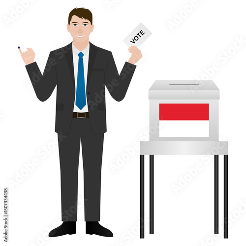 Man Show his Little Finger with Purple Ink and Voting Paper. Election in Indonesia. Election Concept. Vector Illustration.