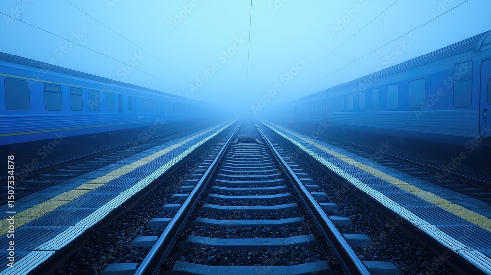 Naklejka premium A foggy railway station with trains and endless visible tracks