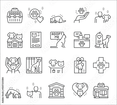 A grid displays various blackandwhite line icons related to pet adoption care and services