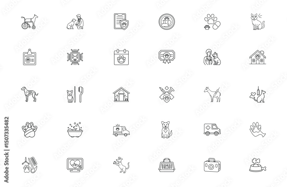 An arrangement of 35 minimalist line icons of veterinary themes An arrangement of 35 minimalist line icons of veterinary themes