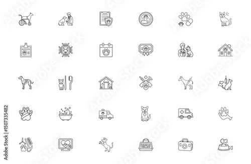 An arrangement of 35 minimalist line icons of veterinary themes