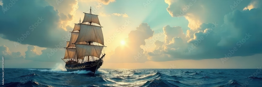 Fototapeta premium A majestic vintage sailing ship at sea, sails billowing in the wind, under a dramatic sky Perfect for nautical, adventure, and travel themes Classic maritime scene , old ship, clouds, sea voyage