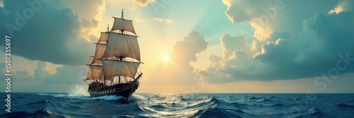 A majestic vintage sailing ship at sea, sails billowing in the wind, under a dramatic sky Perfect for nautical, adventure, and travel themes Classic maritime scene , old ship, clouds, sea voyage