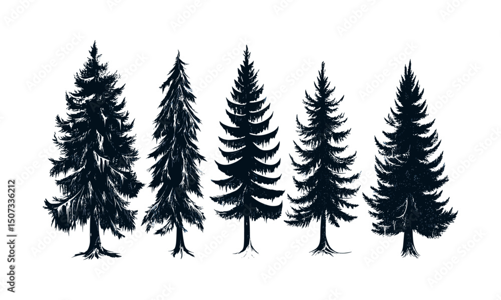 Obraz premium Icy evergreen vector illustration, frozen fir tree silhouettes, cold mountain trees, snow forest scene, sharp tip forest, winter wilderness, alpine forest, frost covered pines.