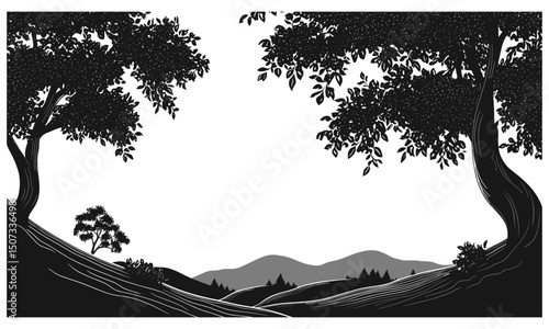 Engraved Sycamore Tree Silhouettes, Riverside Forest Vector Illustration, Gentle Slope, Woodland Leaf Canopy, Curving Trunk Clipart, landscape vector art, botanical outline, png.