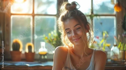 Happy woman with sunlit room, and spring.