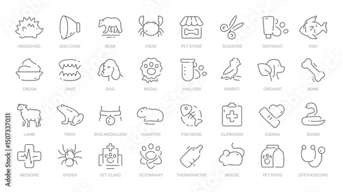 Collection of line art icons depicting various animals veterinaryrelated objects and petrelated items