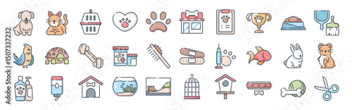 Collection of petrelated icons including animals supplies and care items in a flat design style