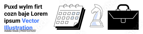 Calendar, chess knight, and briefcase symbolize organization, strategic planning, and professional pursuits. Ideal for business, productivity, strategy, scheduling career organization simple
