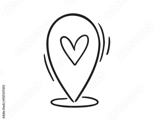 Geoposition or location pin heart. place on the map love icon doodle hand drawn. Outline line drawing clipart symbol