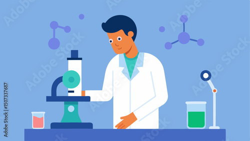 Laboratory Setting A scientist in a lab coat working at a laboratory bench using a microscope to examine cells with tubes and genetic samples in the background.